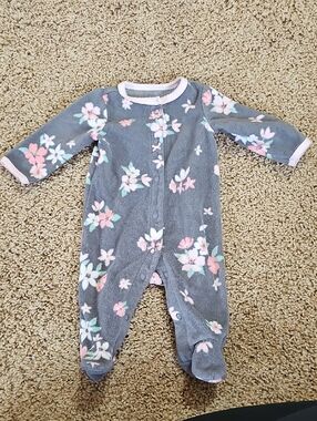 Carter's Gray Floral Fleece Footie with Pink and White Flowers